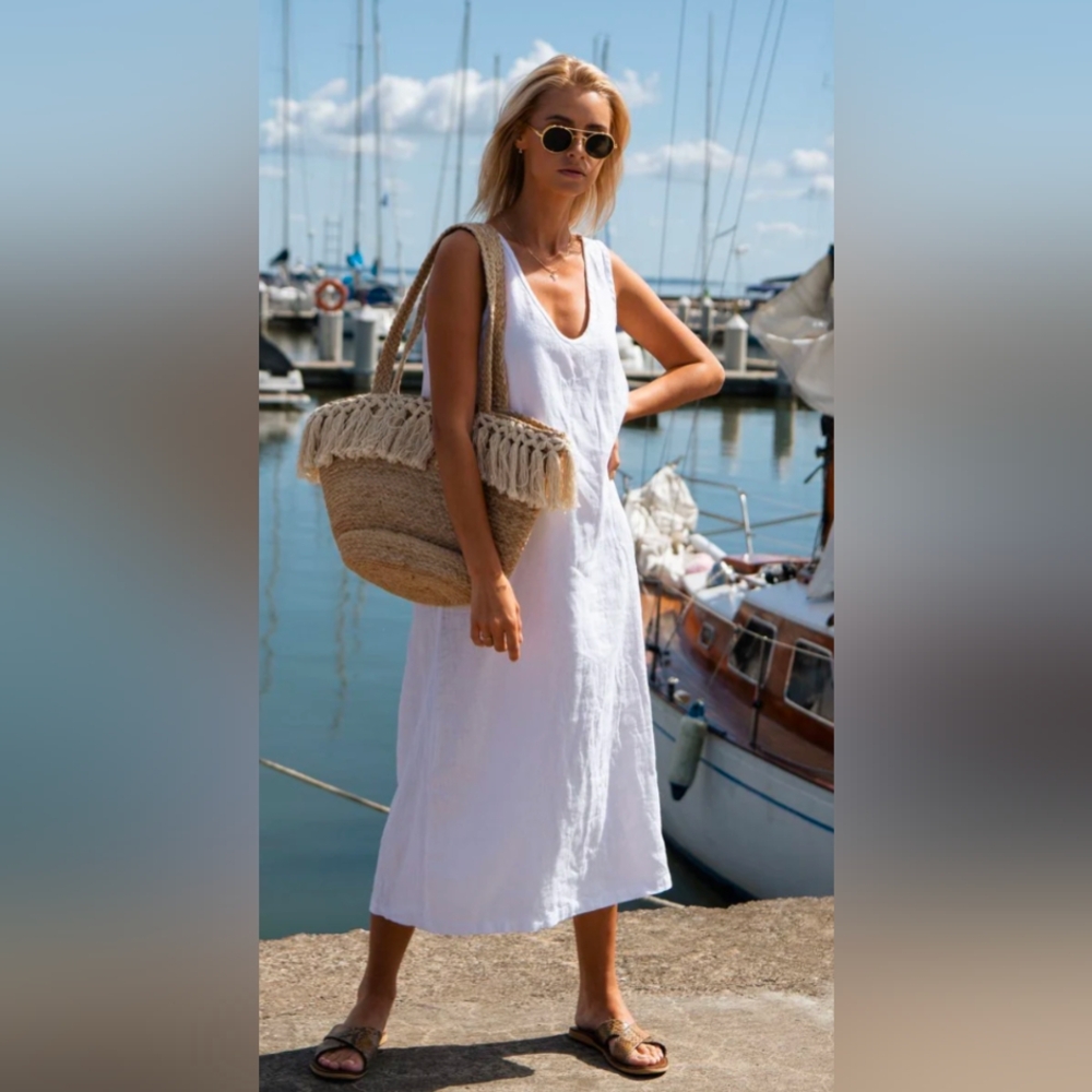 Sauths White 100% Linen Nida Shift Midi Dress 2XL Beach Vacation Travel Chic